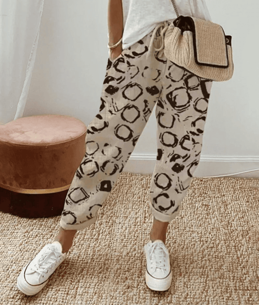 Pantalon femme – Coupe décontractée – Fibres naturelles – Taille cordon – Imprimé abstrait
