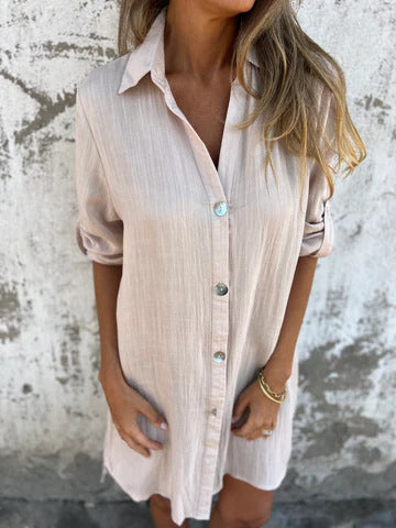 Robe chemise femme – Coupe décontractée – Boutonnage frontal – Tissu respirant – Manches retroussées