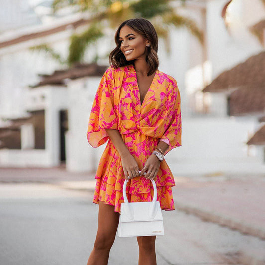 Robe mini femme – Décolleté cache-cœur – Coupe décontractée – Ourlet à volants – Tissu fluide respirant