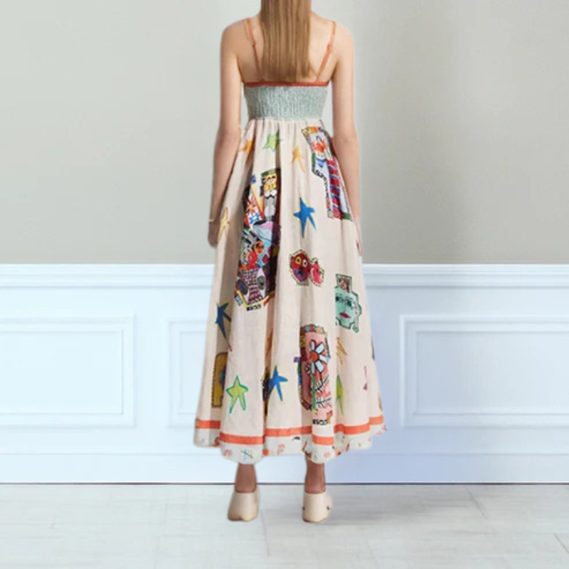 Robe longue femme – Coupe évasée – Bretelles fines – Décolleté carré – Tissu léger