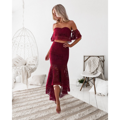 Ensemble Deux Pièces Femme – Dentelle – Coupe Slim – Bustier Épaules Dénudées – Jupe Midi Asymétrique