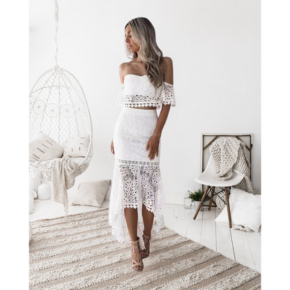Ensemble Deux Pièces Femme – Dentelle – Coupe Slim – Bustier Épaules Dénudées – Jupe Midi Asymétrique