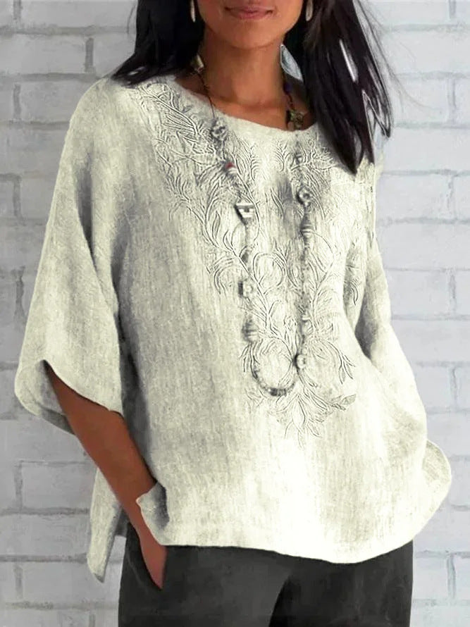 Blouse femme – Coupe décontractée – Manches courtes – Devant brodé – Fibres naturelles