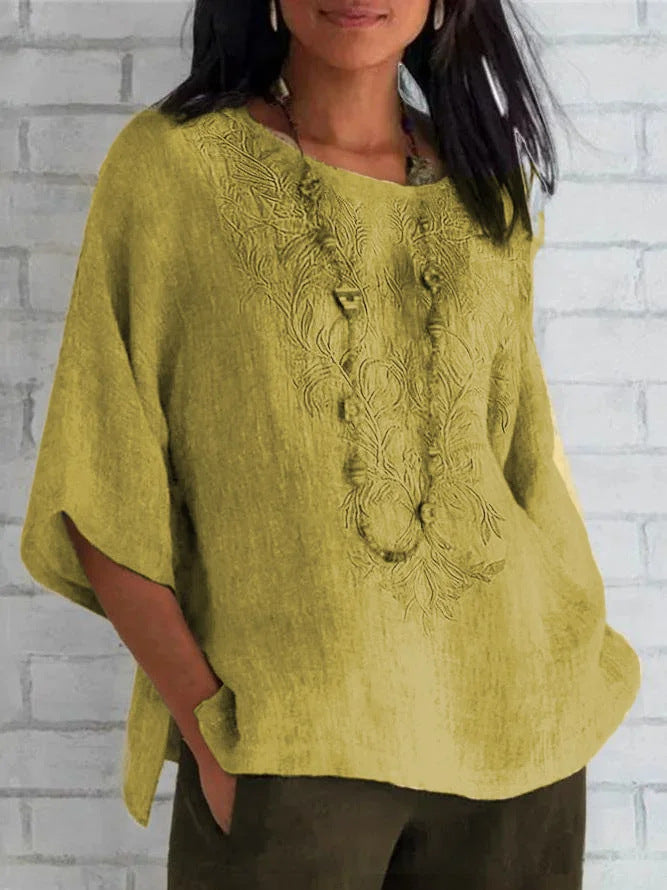 Blouse femme – Coupe décontractée – Manches courtes – Devant brodé – Fibres naturelles