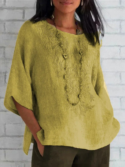 Blouse femme – Coupe décontractée – Manches courtes – Devant brodé – Fibres naturelles
