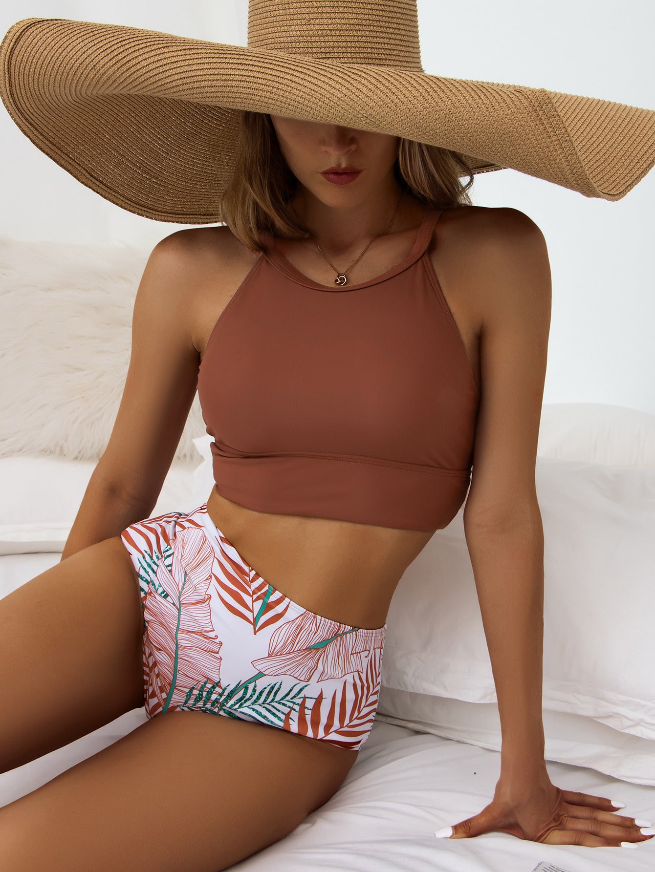 Femme Ensemble bikini – Haut col montant – Bas taille haute imprimé feuilles – Tissu extensible