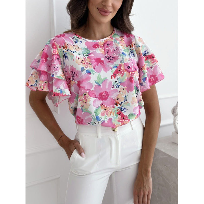 Blouse femme – Coupe décontractée – Manches volantées – Tissu respirant – Imprimé floral