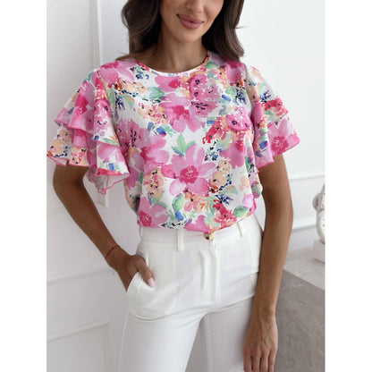 Blouse femme – Coupe décontractée – Manches volantées – Tissu respirant – Imprimé floral