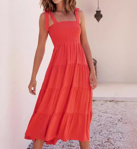 Robe midi femme – Coupe fluide – Bretelles réglables – Buste smocké – Jupe à volants