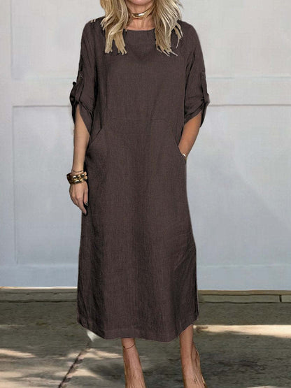 Robe longue femme – Coupe décontractée – Manches retroussables – Poches