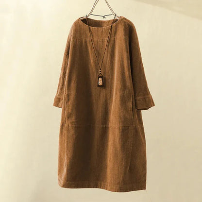 Robe femme – Coupe ample – Mi-longue – Velours côtelé – Manches 3/4 – Col rond