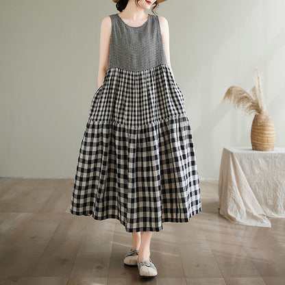 Robe femme sans manches – Coupe évasée – Longue – Motifs pois et carreaux