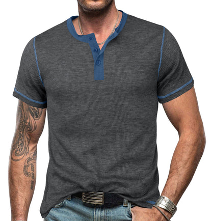 T-shirt Henley homme – Coupe slim – Coton – Manches courtes casual