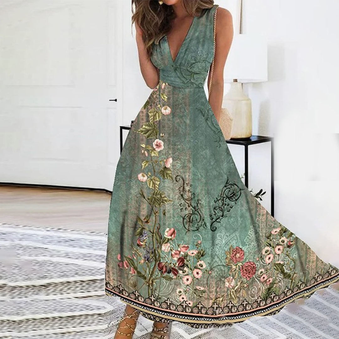 Robe longue femme – Tissu respirant – Coupe décontractée – Sans manches – Imprimé floral