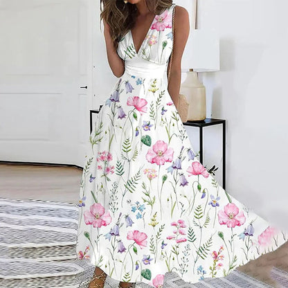 Robe longue femme – Tissu respirant – Coupe décontractée – Sans manches – Imprimé floral
