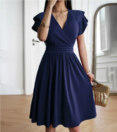 Robe midi femme – Tissu fluide respirant – Manches papillon – Coupe évasée élégante