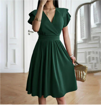 Robe midi femme – Tissu fluide respirant – Manches papillon – Coupe évasée élégante