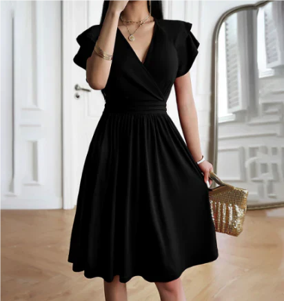 Robe midi femme – Tissu fluide respirant – Manches papillon – Coupe évasée élégante