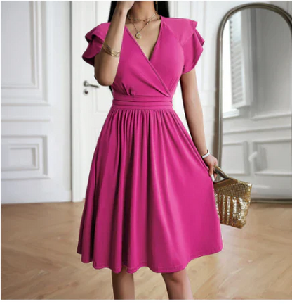 Robe midi femme – Tissu fluide respirant – Manches papillon – Coupe évasée élégante