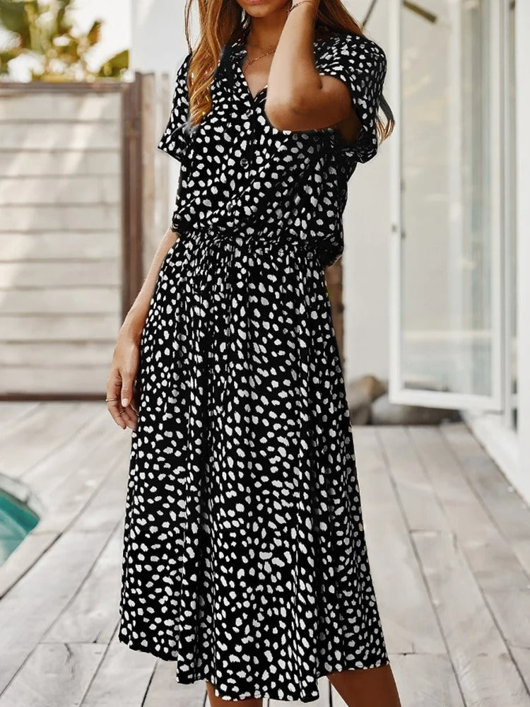 Robe midi femme – Coupe décontractée – Tissu respirant – Boutonnée – Manches courtes