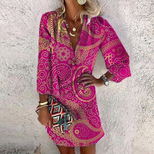 Robe mini femme – Coupe ajustée – Décolleté en V – Manches 3/4 – Imprimé cachemire
