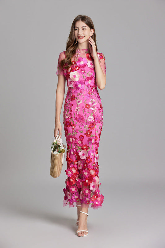 Robe longue femme – Tissu mesh brodé – Coupe ajustée – Col montant transparent