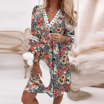Robe femme mi-longue – Coupe ample – V-col – Dentelle – Imprimé fleuri – Tissu léger