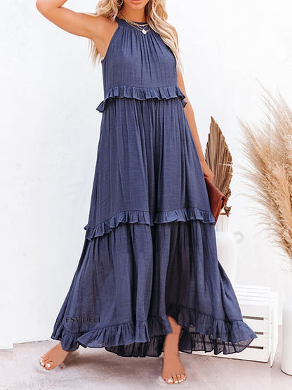 Robe longue femme – Coupe fluide – Col halter – Volants – Fibres naturelles respirantes