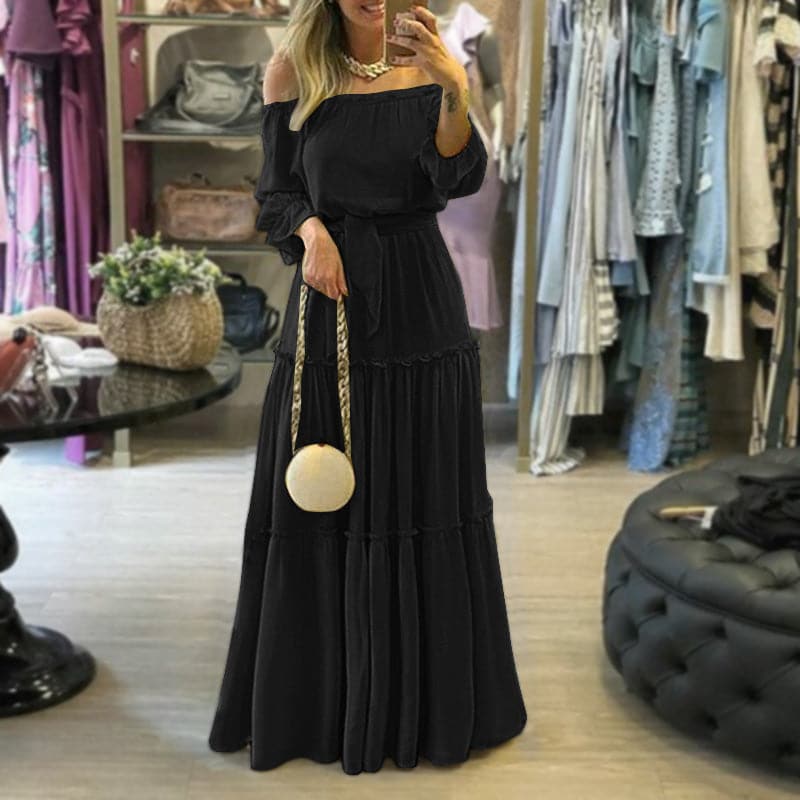 Robe longue femme – Épaules dénudées – Coupe ample – Jupe volantée