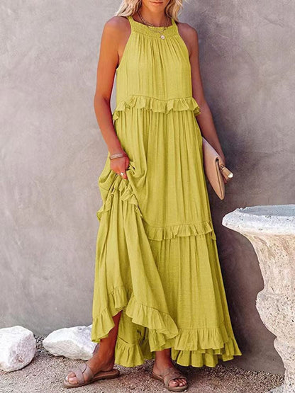 Robe longue femme – Coupe fluide – Col halter – Volants – Fibres naturelles respirantes