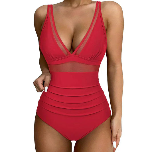 Maillot de bain 1 pièce femme – Coupe sculptante – Détail en tulle – Échancrure haute