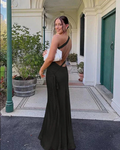 Robe de soirée femme – Coupe slim – Satiné – Dos nu – Bretelles fines – Longueur au sol