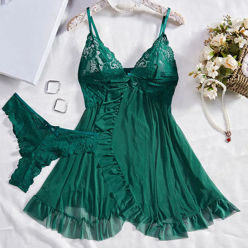 Ensemble de lingerie pour femmes – Dentelle délicate – Bretelles fines – Tissu léger respirant – Ourlet volanté