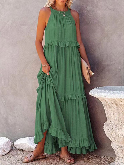 Robe longue femme – Coupe fluide – Col halter – Volants – Fibres naturelles respirantes
