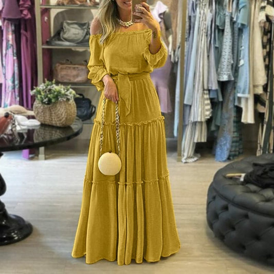 Robe longue femme – Épaules dénudées – Coupe ample – Jupe volantée