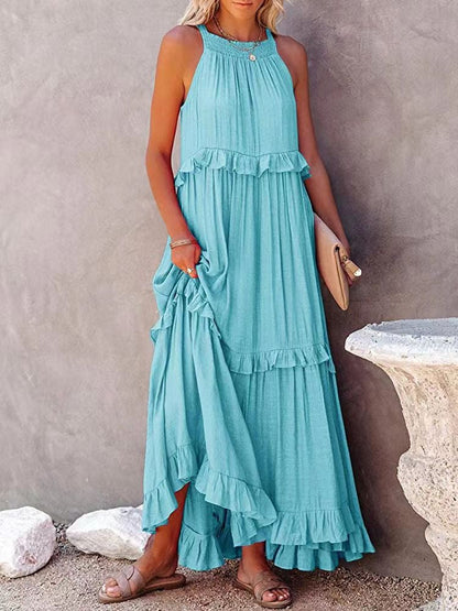 Robe longue femme – Coupe fluide – Col halter – Volants – Fibres naturelles respirantes
