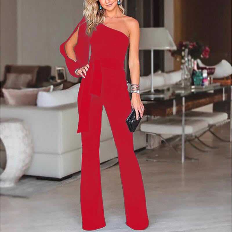 Combinaison femme – Coupe ajustée – Épaule unique – Taille ceinturée – Jambe évasée