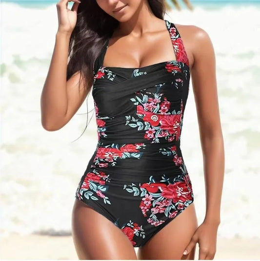 Maillot de bain une pièce femme – Monokini élégant – Col noué – Froncé – Imprimé fleuri