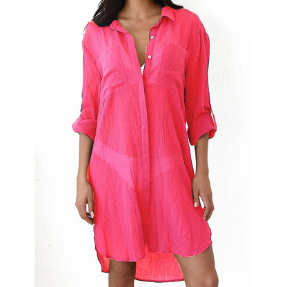 Robe de plage femme – Coupe ample – Tissu respirant – Boutonnée – Manches longues retroussées