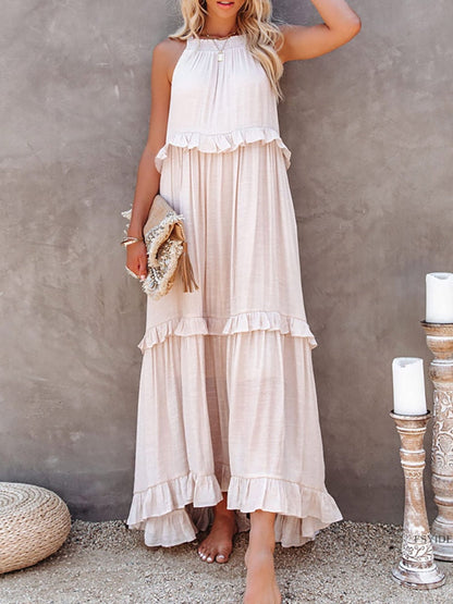 Robe longue femme – Coupe fluide – Col halter – Volants – Fibres naturelles respirantes