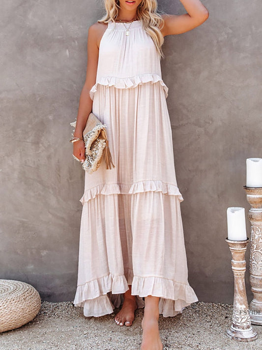 Robe longue femme – Coupe fluide – Col halter – Volants – Fibres naturelles respirantes