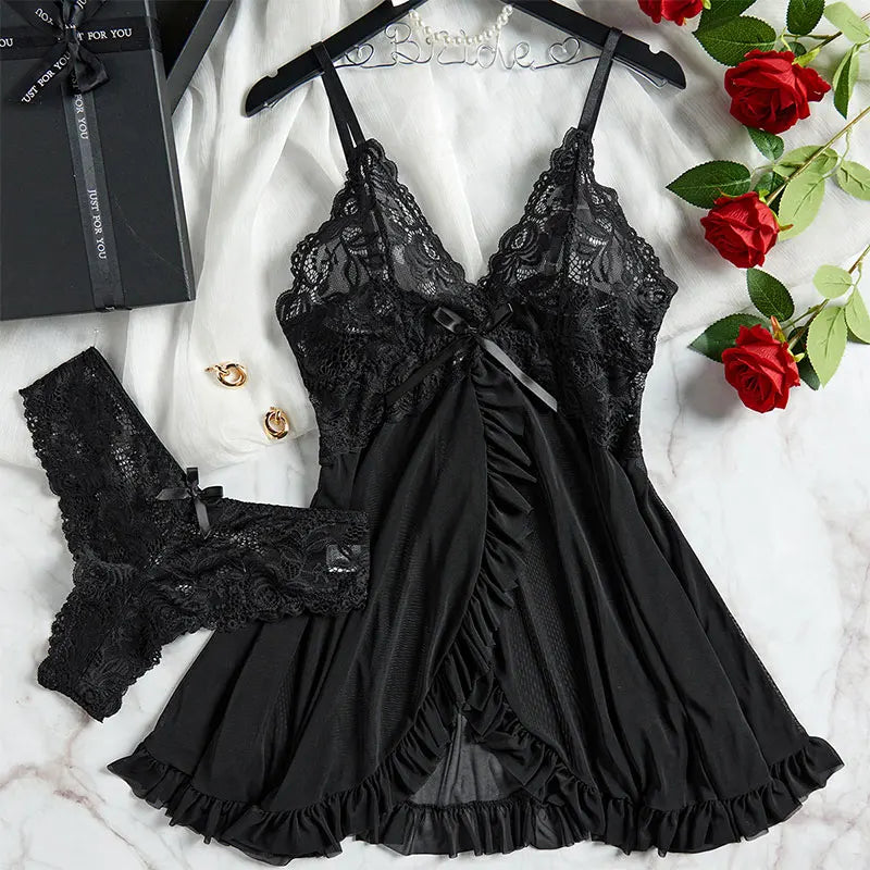 Ensemble de lingerie pour femmes – Dentelle délicate – Bretelles fines – Tissu léger respirant – Ourlet volanté