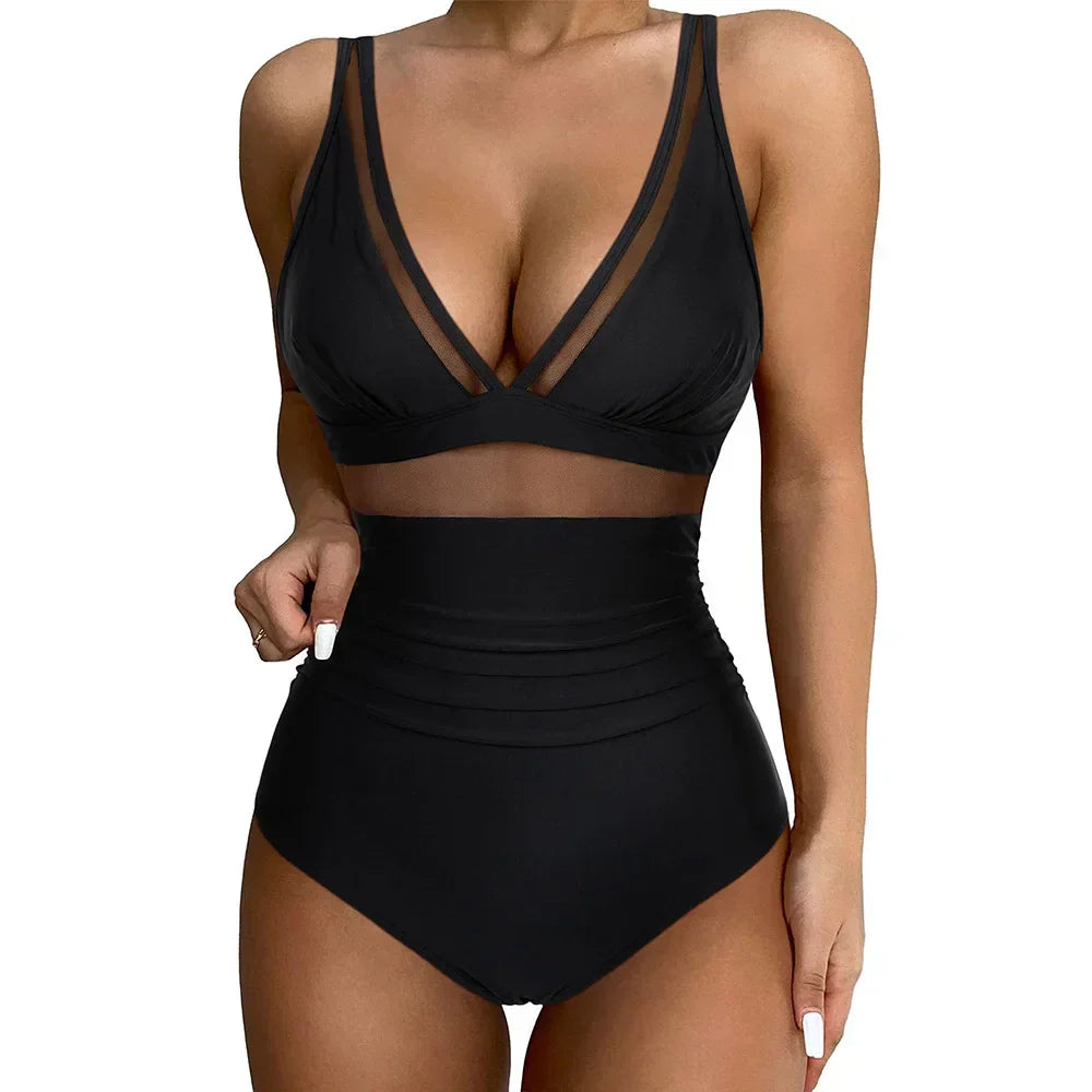 Maillot de bain 1 pièce femme – Coupe sculptante – Détail en tulle – Échancrure haute