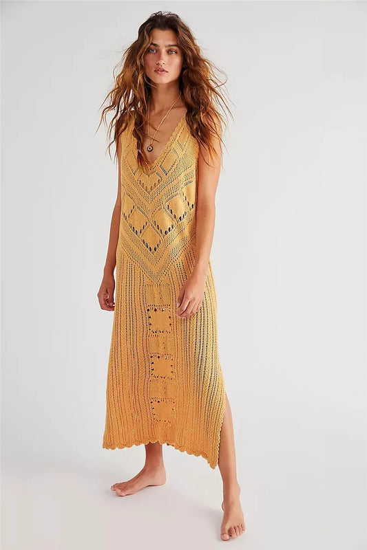 Robe femme midi – Coupe décontractée – Maille aérée – Fente côté – Col en V