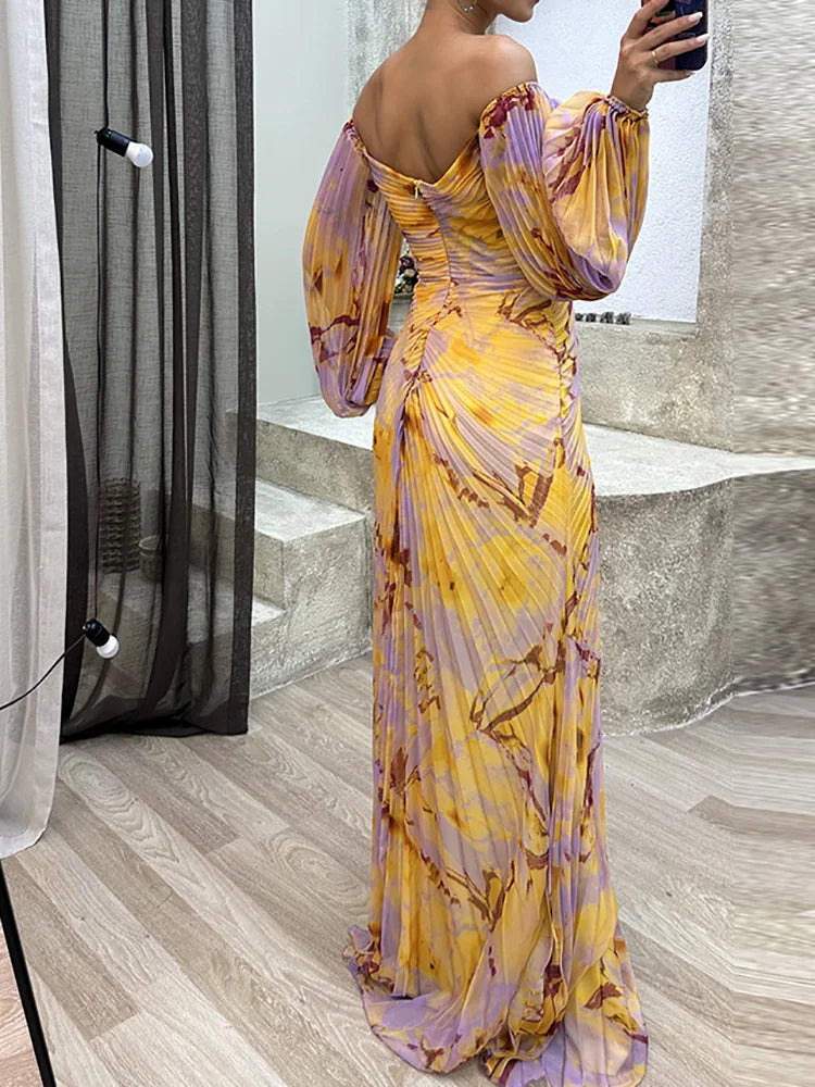 Robe de soirée femme – Épaules dénudées – Décolleté plongeant – Manches volumineuses