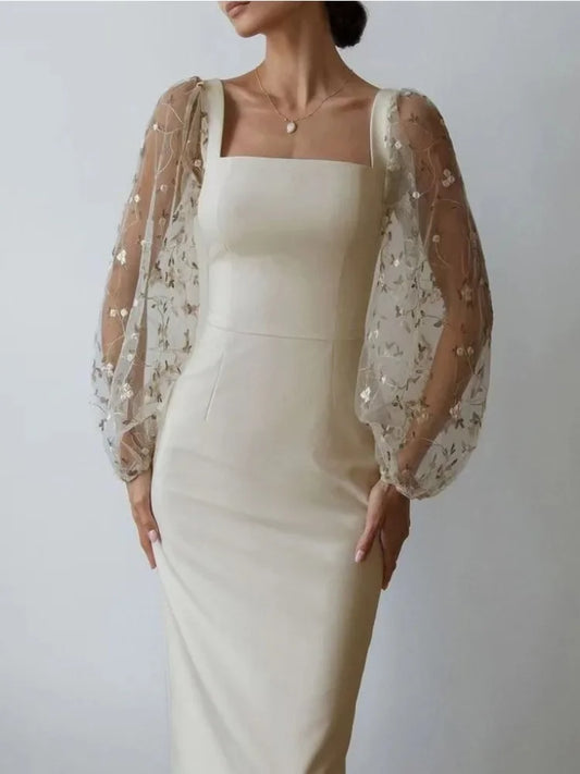 Robe midi femme – Coupe ajustée – Manches transparentes brodées – Col carré