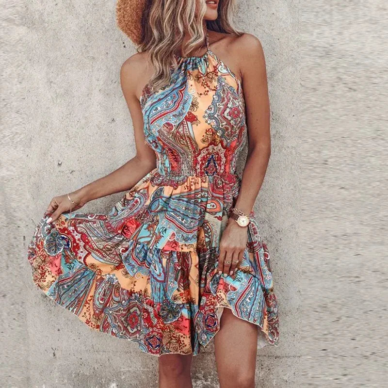 Robe courte femme – Coupe fluide – Col halter – Taille smockée – Imprimé bohème
