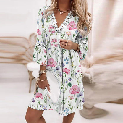 Robe femme mi-longue – Coupe ample – V-col – Dentelle – Imprimé fleuri – Tissu léger