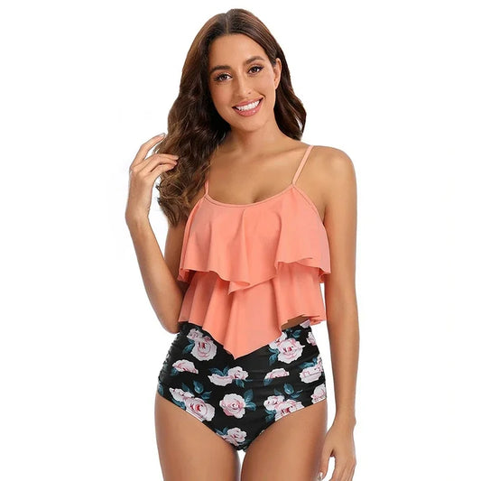 Ensemble de bikinis pour femmes – Coupe couvrante – Haut à volants – Bas taille haute