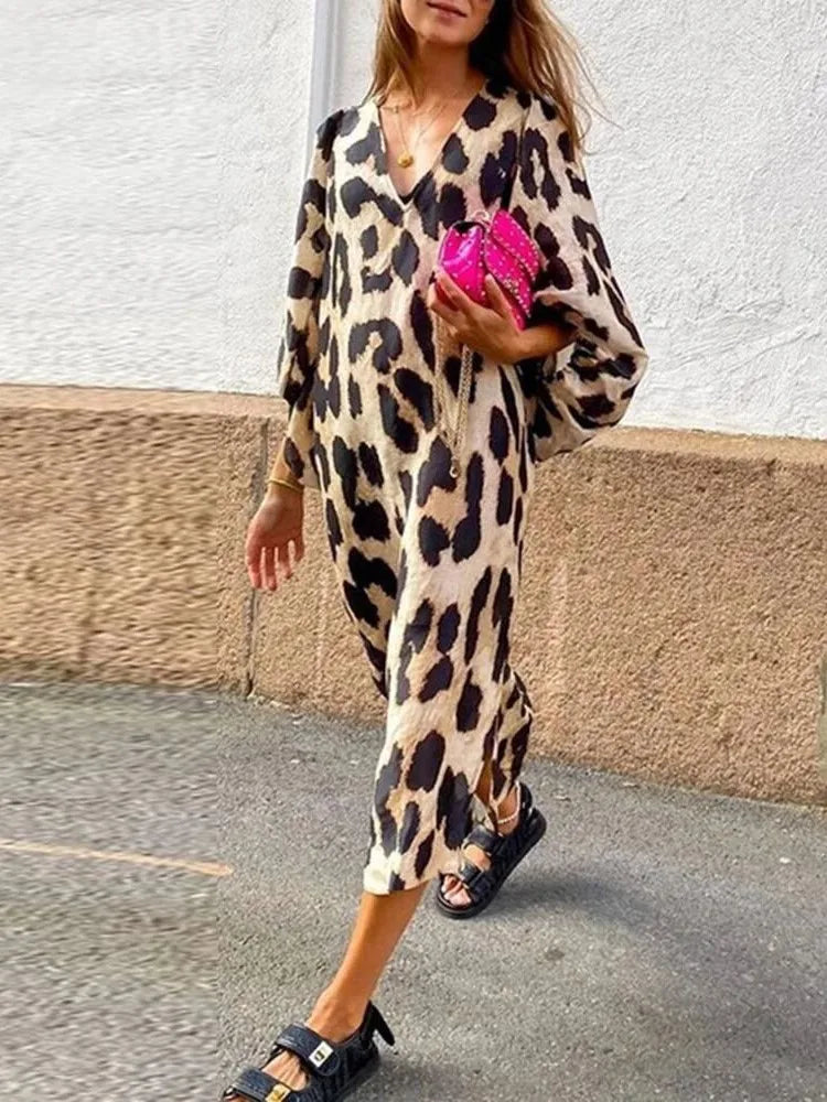 Robe midi femme – Coupe ample – Manches ballon – Décolleté en V – Tissu respirant